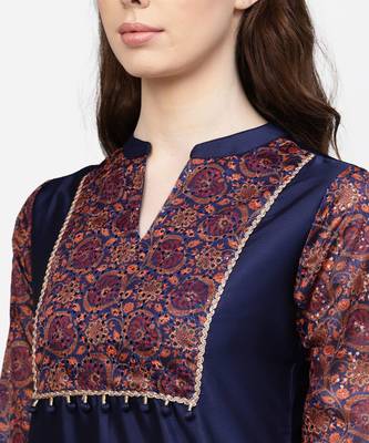 Women Navy Blue Ethnic Motifs Straight Chandery Kurta With Pant 4