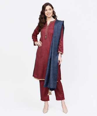Women Maroon And Navy Blue Embroidered Straight Handloom Kurta With Pant And Dupatta 1
