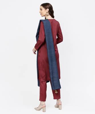 Women Maroon And Navy Blue Embroidered Straight Handloom Kurta With Pant And Dupatta 3