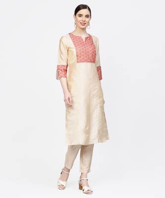 Women Cream And Beige Lace Inserts Straight Chandery Kurta With Pant 1