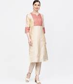 Women Cream And Beige Lace Inserts Straight Chandery Kurta With Pant