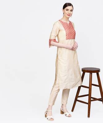 Women Cream And Beige Lace Inserts Straight Chandery Kurta With Pant 2