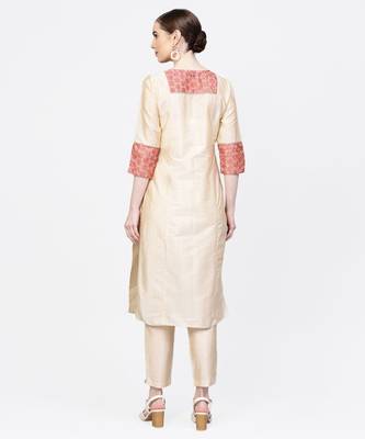 Women Cream And Beige Lace Inserts Straight Chandery Kurta With Pant 3