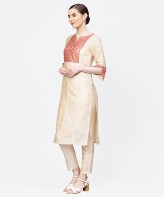 Women Cream And Beige Lace Inserts Straight Chandery Kurta With Pant 4