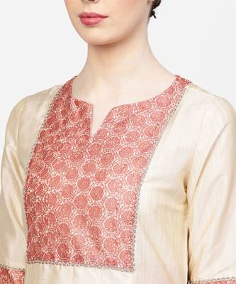 Women Cream And Beige Lace Inserts Straight Chandery Kurta With Pant 5