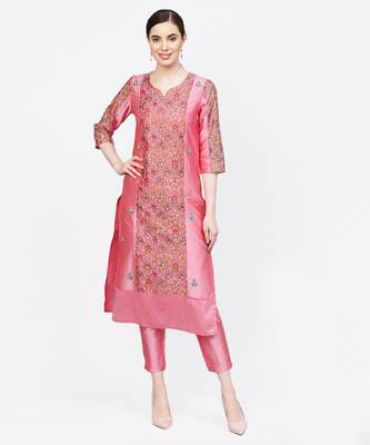 Women Pink Embroidered Straight Chandery Kurta With Pant 1