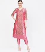 Women Pink Embroidered Straight Chandery Kurta With Pant