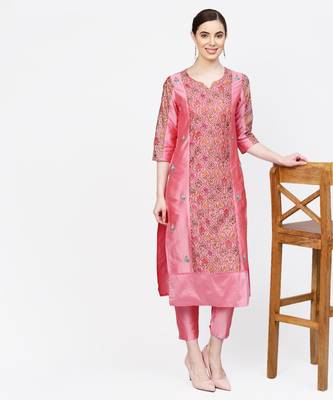 Women Pink Embroidered Straight Chandery Kurta With Pant 2