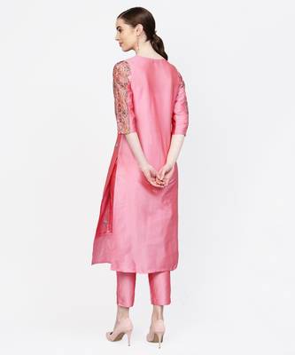 Women Pink Embroidered Straight Chandery Kurta With Pant 3