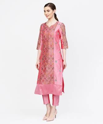 Women Pink Embroidered Straight Chandery Kurta With Pant 4