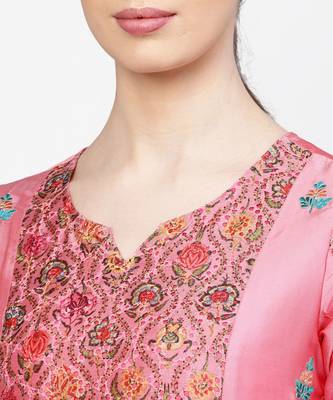 Women Pink Embroidered Straight Chandery Kurta With Pant 5