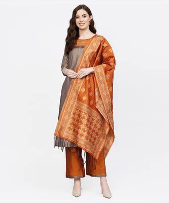 Women Beige And Mustered Solid Straight Chanderi Kurta With Palazzo And Dupatta 1