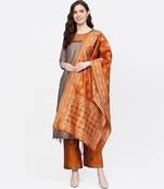 Women Beige And Mustered Solid Straight Chanderi Kurta With Palazzo And Dupatta