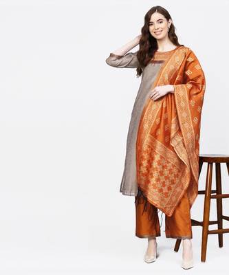 Women Beige And Mustered Solid Straight Chanderi Kurta With Palazzo And Dupatta 2