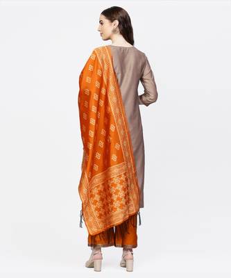 Women Beige And Mustered Solid Straight Chanderi Kurta With Palazzo And Dupatta 3