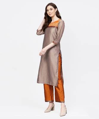 Women Beige And Mustered Solid Straight Chanderi Kurta With Palazzo And Dupatta 4