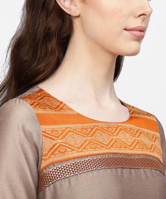 Women Beige And Mustered Solid Straight Chanderi Kurta With Palazzo And Dupatta 5