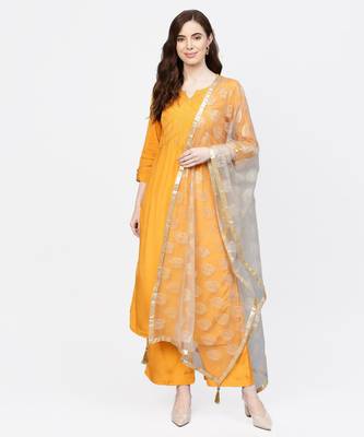 Women Mustard And Grey Embroidered Viscose Musline Kurta With Palazzo And Net Dupatta 1