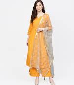 Women Mustard And Grey Embroidered Viscose Musline Kurta With Palazzo And Net Dupatta