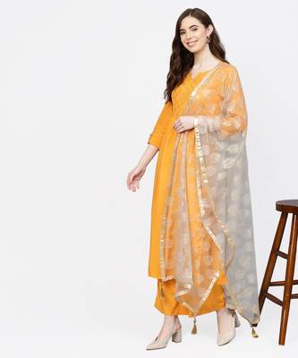 Women Mustard And Grey Embroidered Viscose Musline Kurta With Palazzo And Net Dupatta 2