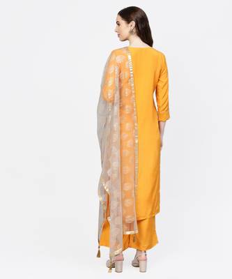 Women Mustard And Grey Embroidered Viscose Musline Kurta With Palazzo And Net Dupatta 3
