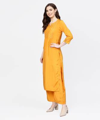 Women Mustard And Grey Embroidered Viscose Musline Kurta With Palazzo And Net Dupatta 4