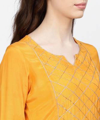 Women Mustard And Grey Embroidered Viscose Musline Kurta With Palazzo And Net Dupatta 5