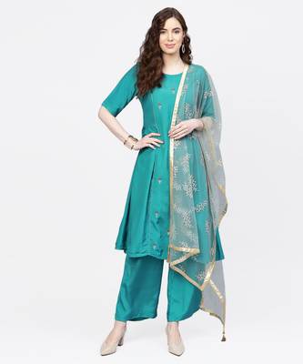 Women Rama Green Embroidered Straight Viscose Musline Kurta With Palazzo And Net Dupatta 1
