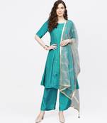Women Rama Green Embroidered Straight Viscose Musline Kurta With Palazzo And Net Dupatta