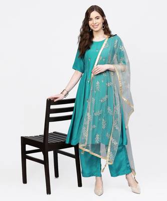 Women Rama Green Embroidered Straight Viscose Musline Kurta With Palazzo And Net Dupatta 2