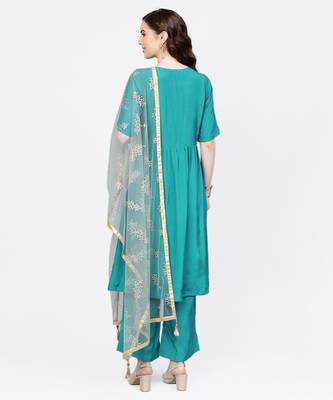 Women Rama Green Embroidered Straight Viscose Musline Kurta With Palazzo And Net Dupatta 3