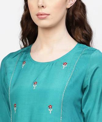 Women Rama Green Embroidered Straight Viscose Musline Kurta With Palazzo And Net Dupatta 5