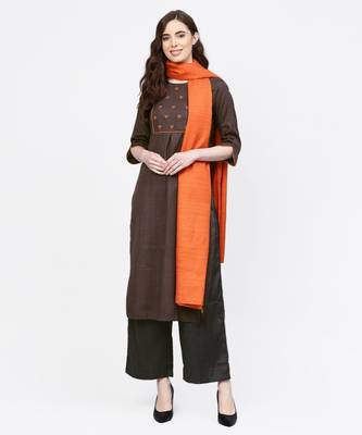 Women Dark Grey And Orange Embroidered Straight Handloom Kurta With Palazzo And Dupatta 1