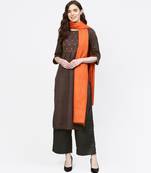 Women Dark Grey And Orange Embroidered Straight Handloom Kurta With Palazzo And Dupatta