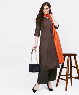 Women Dark Grey And Orange Embroidered Straight Handloom Kurta With Palazzo And Dupatta 2