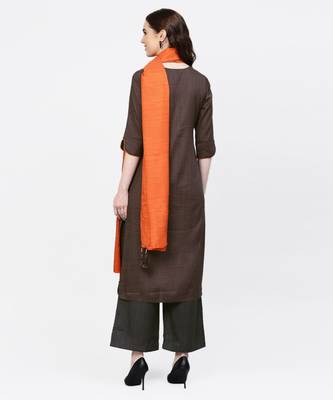 Women Dark Grey And Orange Embroidered Straight Handloom Kurta With Palazzo And Dupatta 3