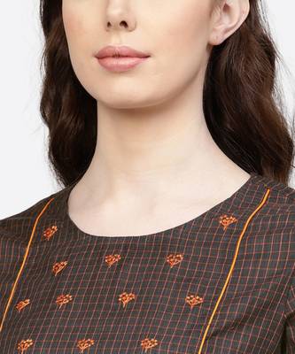 Women Dark Grey And Orange Embroidered Straight Handloom Kurta With Palazzo And Dupatta 4