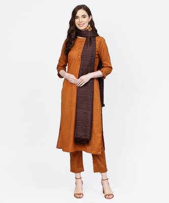 Women Mustard Embroidered Straight Handloom Kurta With Pant And Dupatta 1