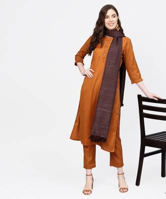 Women Mustard Embroidered Straight Handloom Kurta With Pant And Dupatta 2