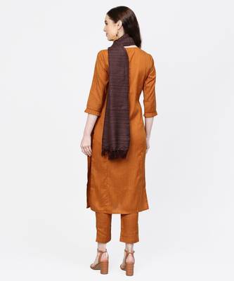 Women Mustard Embroidered Straight Handloom Kurta With Pant And Dupatta 3