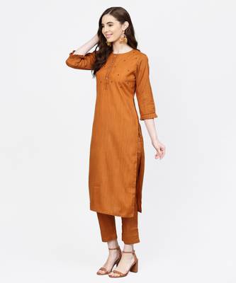 Women Mustard Embroidered Straight Handloom Kurta With Pant And Dupatta 4