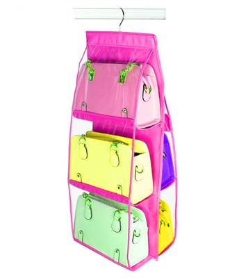 Atorakushon   6Pocket Large Clear Purse Handbag Hanging Storage Bag Hangers Holder Accessories Storage Pouch pink 1