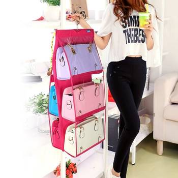 Atorakushon   6Pocket Large Clear Purse Handbag Hanging Storage Bag Hangers Holder Accessories Storage Pouch pink 2
