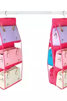 Atorakushon   6Pocket Large Clear Purse Handbag Hanging Storage Bag Hangers Holder Accessories Storage Pouch 2pcs pink