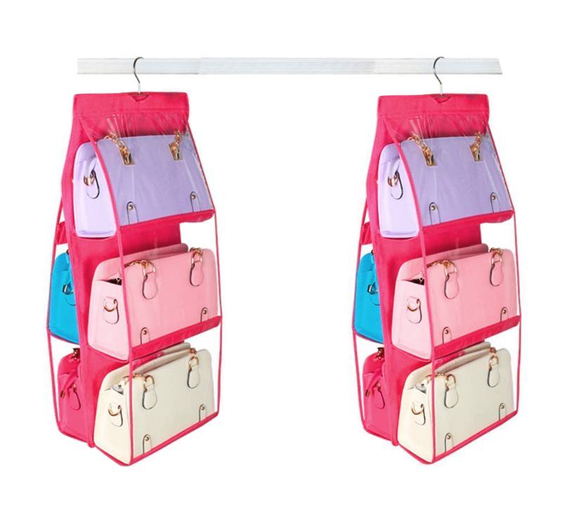 Atorakushon   6Pocket Large Clear Purse Handbag Hanging Storage Bag Hangers Holder Accessories Storage Pouch 2pcs pink