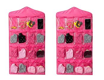 Atorakushon    Multifunction Wardrobe Clear 16 Pockets Socks Shoe Toy Underwear Jewellery Sorting Storage Bag 2pcs Pink 1