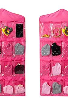Atorakushon    Multifunction Wardrobe Clear 16 Pockets Socks Shoe Toy Underwear Jewellery Sorting Storage Bag 2pcs Pink