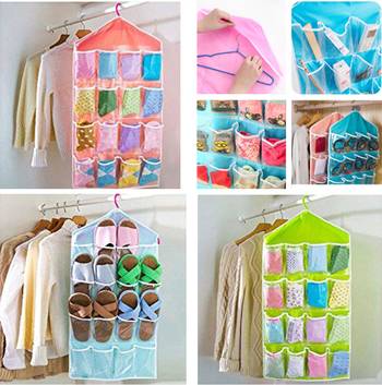 Atorakushon    Multifunction Wardrobe Clear 16 Pockets Socks Shoe Toy Underwear Jewellery Sorting Storage Bag 2pcs Pink 3