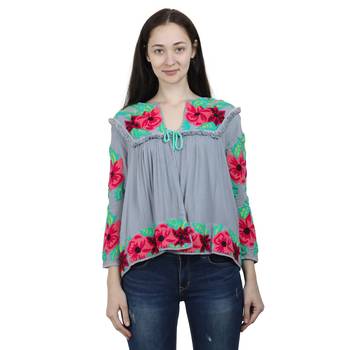 Blue Embroidered Blended Cotton Long Top  1