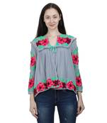 Blue Embroidered Blended Cotton Long Top